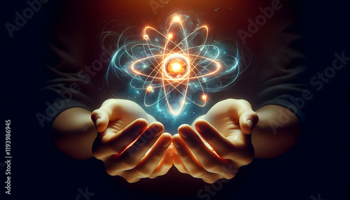 Atom A pair of hands holding a glowing orb representing an atom, with light and energy radiating from the1