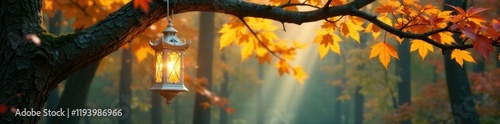 Ornate white lantern suspended from an oak limb above the forest floor, branch, autumn, forest