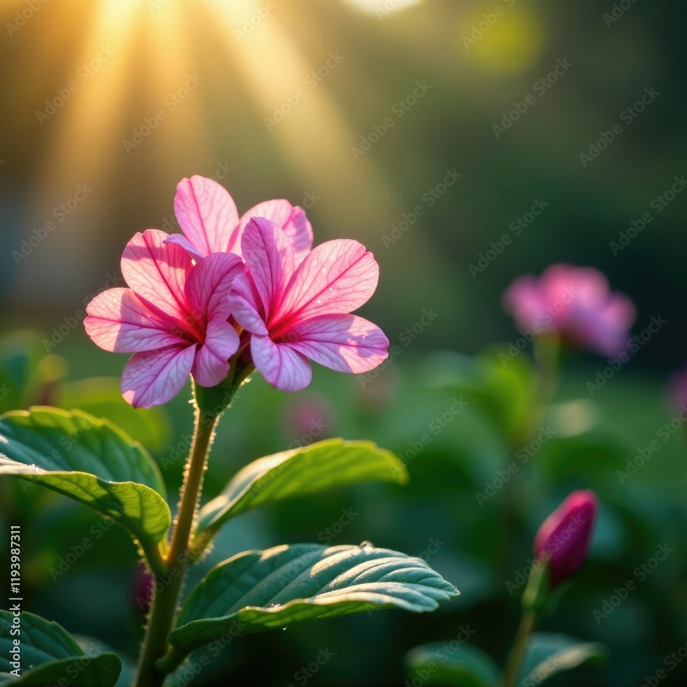 Pink Ruellia tuberosa flowers with dew drops and morning sunlight filtering through the leaves, ruellia, tuberosa Pink Ruellia tuberosa flowers with dew drops and morning sunlight filtering through the leaves, ruellia, tuberosa