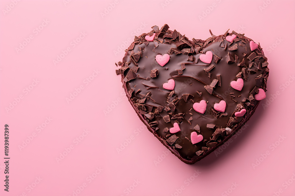Chocolate heart-shaped cake on a pink background, Valentine's Day concept Chocolate heart-shaped cake on a pink background, Valentine's Day concept