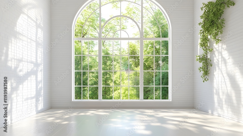 Fototapeta premium Bright Room With Arch Window and Green Trees