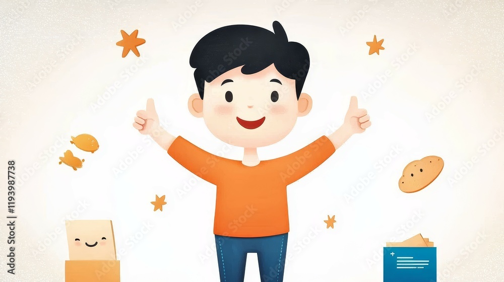 Cute Cartoon concept. Cheerful boy celebrating with snacks and stars around him in a playful illustration. Cute Cartoon concept. Cheerful boy celebrating with snacks and stars around him in a playful illustration.