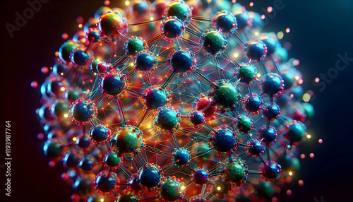 Atom A highly detailed molecular structure with spherical atoms in vibrant colors, connected by glowing r1 photo