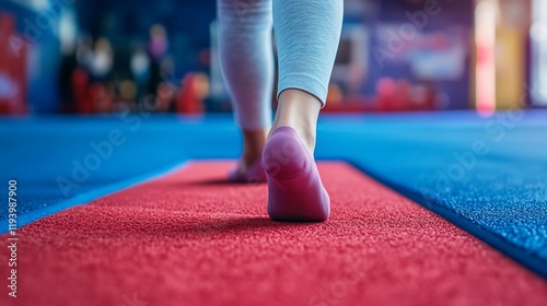 A person walking on a red mat in a colorful gym environment.