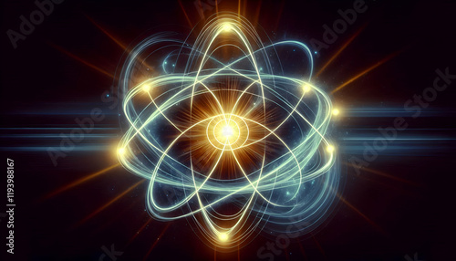 Atom A glowing, radiant nucleus at the center of a stylized atom, with electrons following smooth, curved3 photo