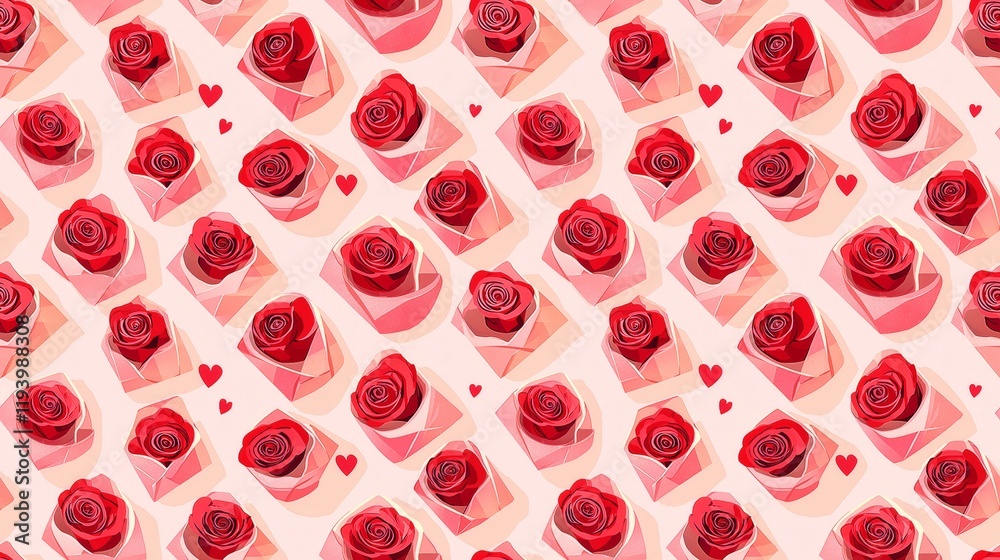 Seamless Pattern of Cute Red Roses with Envelopes and Hearts for Elegant Decorative Backgrounds Seamless Pattern of Cute Red Roses with Envelopes and Hearts for Elegant Decorative Backgrounds