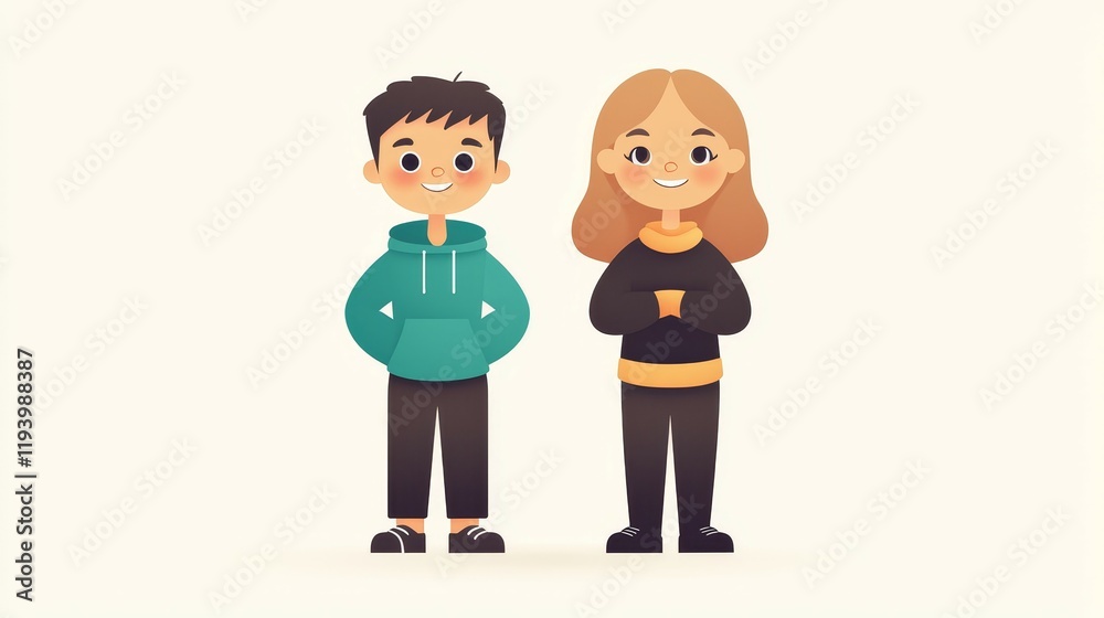Cute Cartoon concept. Two cartoon children standing together, smiling, dressed in casual attire.