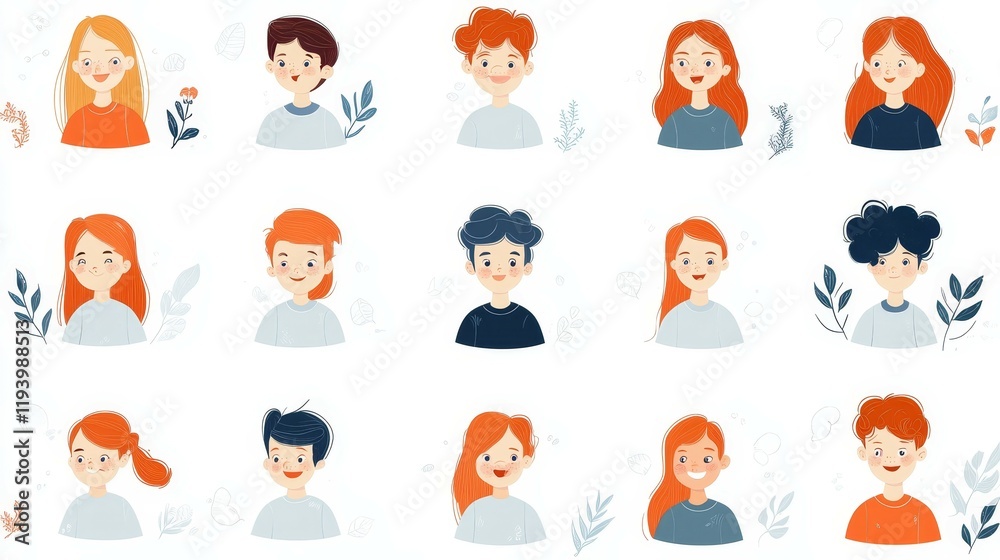Cute Cartoon concept. Colorful illustrations of diverse characters with red and blue hairstyles in a grid layout. Cute Cartoon concept. Colorful illustrations of diverse characters with red and blue hairstyles in a grid layout.