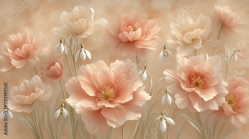 Peach Poppies and Snowdrops Delicate Floral Arrangement