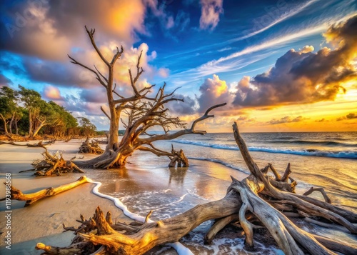 Boneyard Beach Jacksonville Florida: Scenic Driftwood Coastline, Big Talbot Island Nature Photography photo