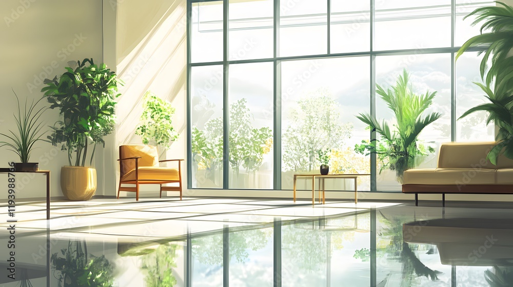 Fototapeta premium Sunlit Modern Living Room With Plants And Reflective Floor