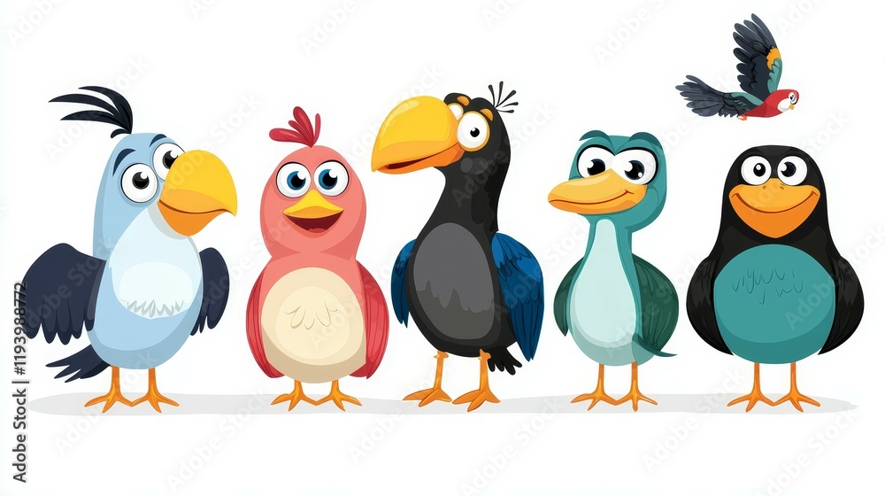 Naklejka premium Cute Cartoon concept. Colorful cartoon birds standing together, showcasing diverse species and expressions.