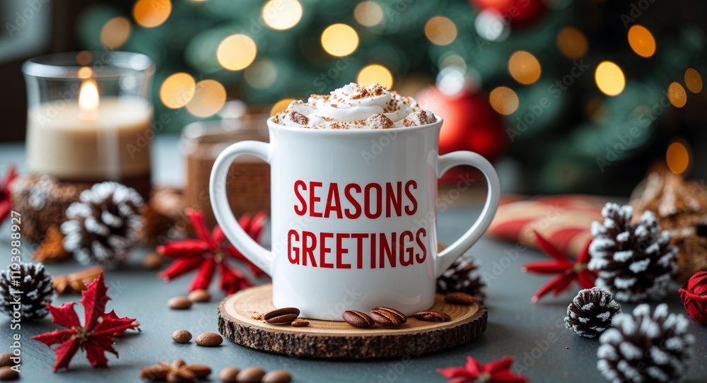seasons greetings lettering on coffee mug at table seasons greetings lettering on coffee mug at table