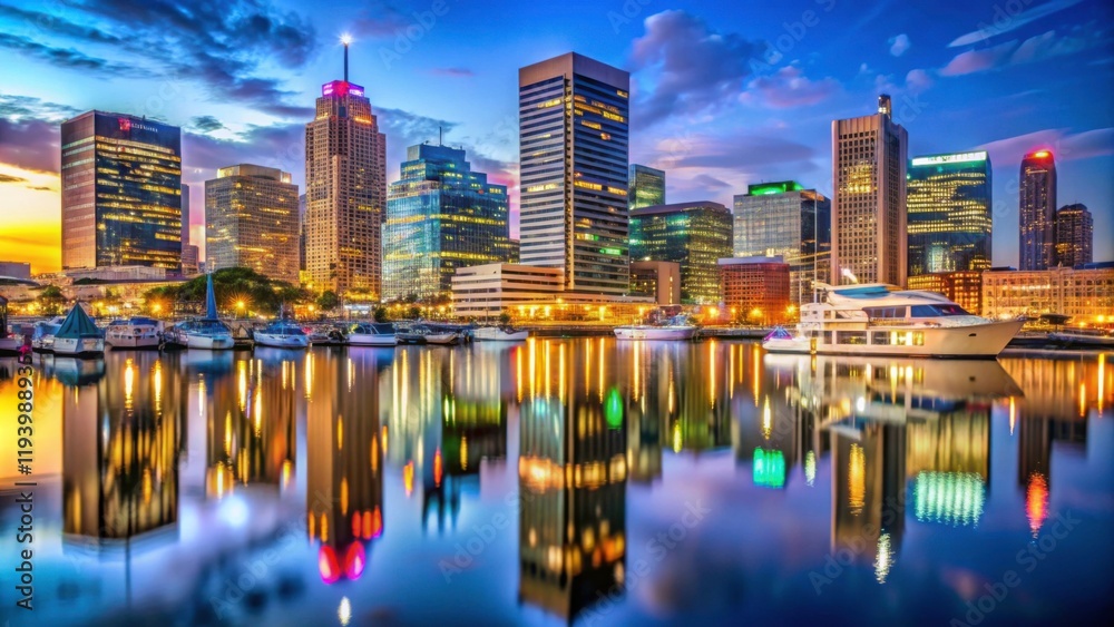 Naklejka premium Vibrant City Skyline Reflected in Calm Water at Sunset
