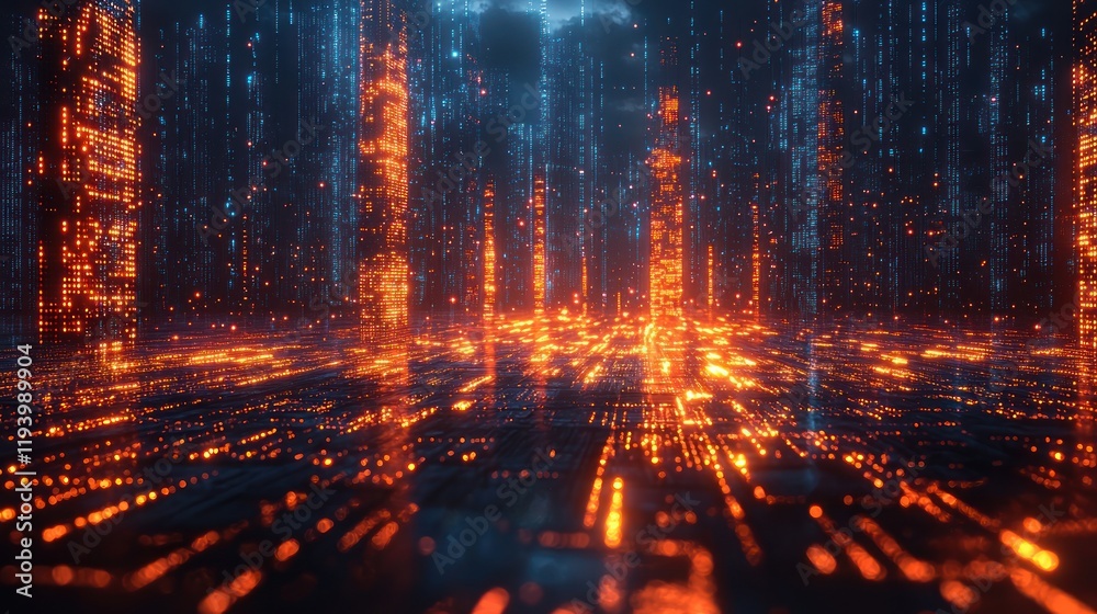 Futuristic digital landscape with glowing elements.