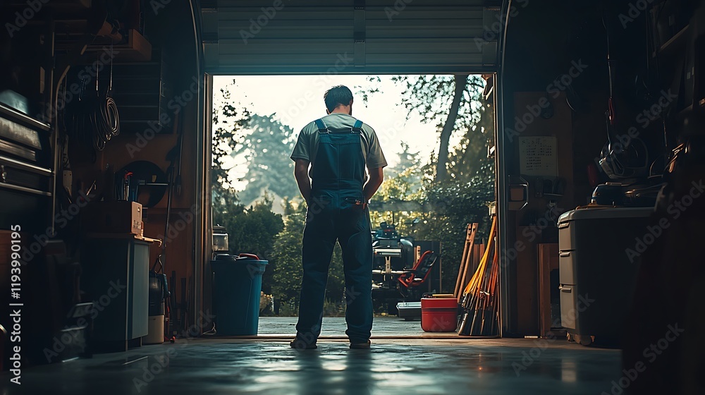 A worker in overalls adjusting the tension springs of a garage door in a residential home, tools neatly arranged nearby, soft natural light streaming through the open garage, A worker in overalls adjusting the tension springs of a garage door in a residential home, tools neatly arranged nearby, soft natural light streaming through the open garage,