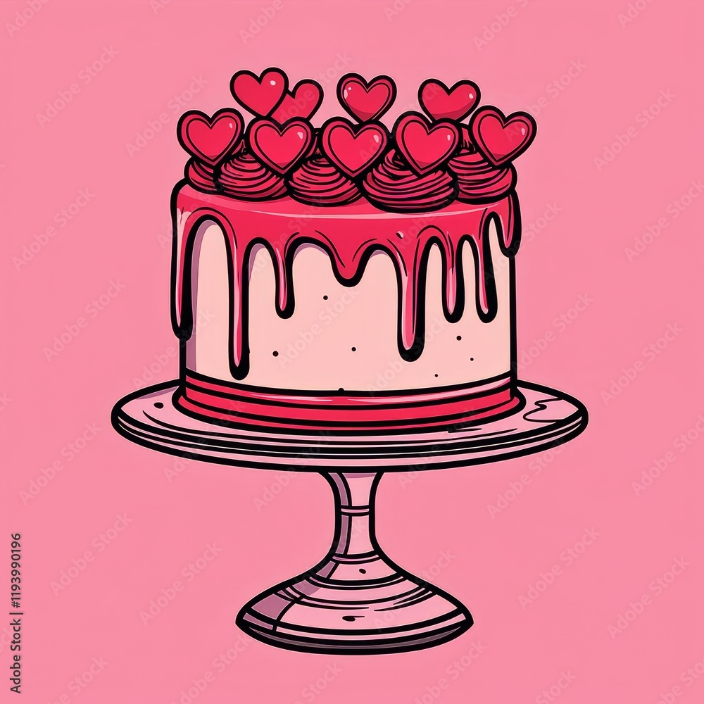 Playful Coloring Page of a Heart-Shaped Cake Topped with Pink Hearts on a Pink Background for Creative Fun Playful Coloring Page of a Heart-Shaped Cake Topped with Pink Hearts on a Pink Background for Creative Fun