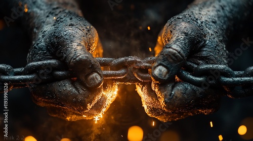 Dirty hands forging a glowing chain link.