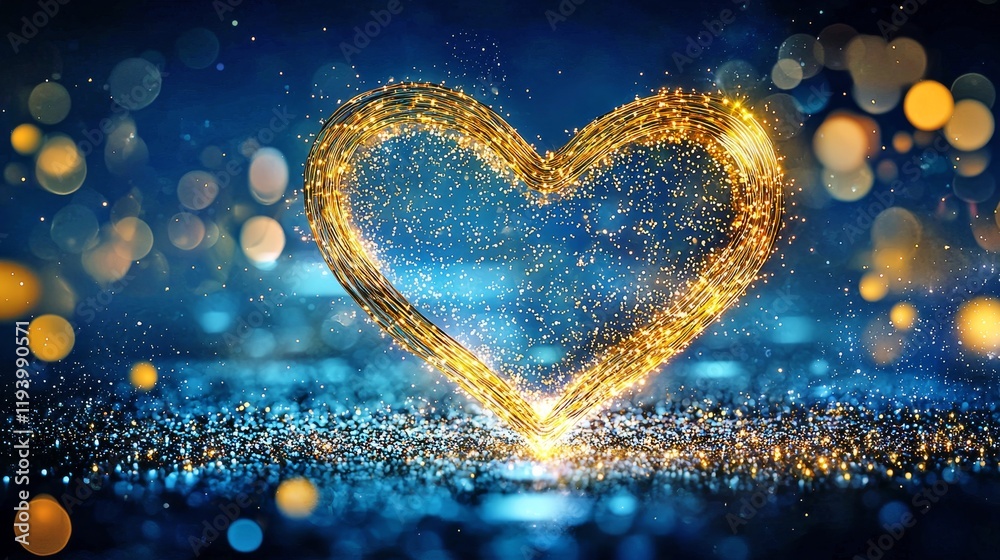 Radiant Heart Shape Made of Glowing Neon Wire with Sparks and Bokeh Effects on a Blue Background Radiant Heart Shape Made of Glowing Neon Wire with Sparks and Bokeh Effects on a Blue Background