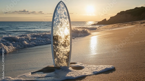 A reflective surfboard stands on a beach during sunset, merging nature and art.