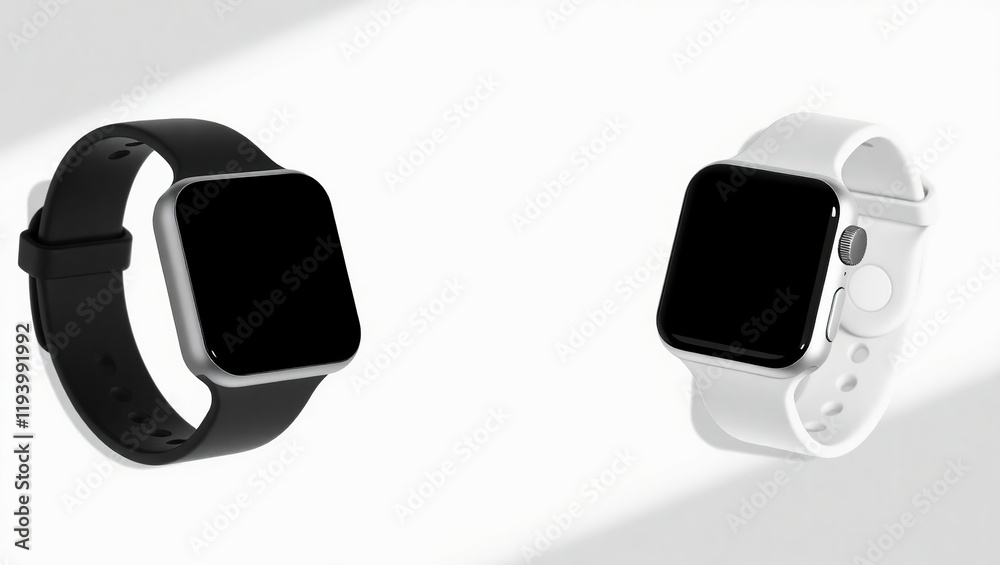 Black and White Smartwatches Displayed on White Background Black and White Smartwatches Displayed on White Background