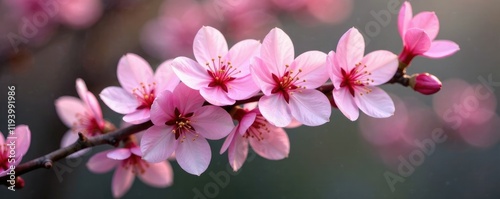 Soft pink blooms entwined on a slender branch, delicate petals unfolding like tiny hearts, floral arrangement, blossom, blooming plants