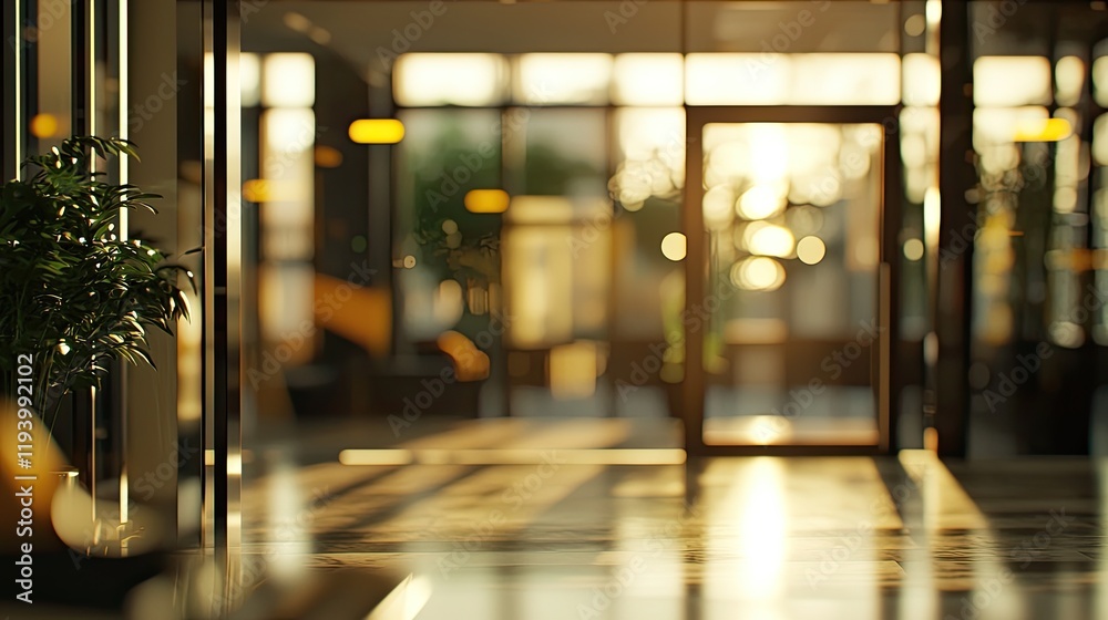 Fototapeta premium Blurred office interior background with a blurred door and glass wall, blurry bokeh light effect for a business concept design. High-quality photo, taken with a telephoto lens in realistic daylight.