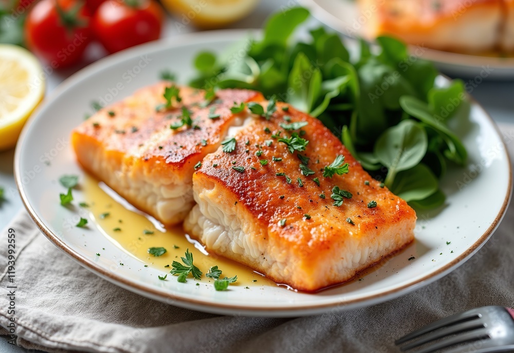 Delicious Baked Trout Accompanied by Vibrant Garnish: Ideal for Showcasing Your Cooking Skills and Featuring a Blank Canvas for Customization Delicious Baked Trout Accompanied by Vibrant Garnish: Ideal for Showcasing Your Cooking Skills and Featuring a Blank Canvas for Customization