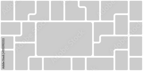 Image grid layout sticker background design. Photo bento rectangular square image montage. Curve picture gallery mobile sticker. Modular visual web app showcase. Game mosaic framework desktop template