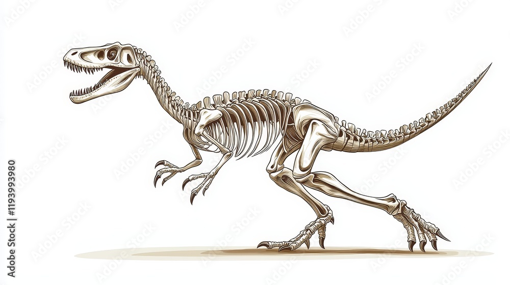 Fossilized Skeleton of a Velociraptor Crouching in an Artistic Representation of a Dinosaurs Anatomy Fossilized Skeleton of a Velociraptor Crouching in an Artistic Representation of a Dinosaurs Anatomy