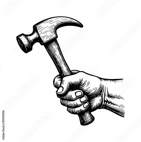 hand holding hammer engraving black and white outline