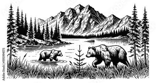 mountain landscape with a lake in the foreground, two bears walking in the water engraving black and white outline