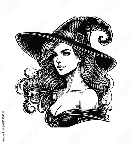 beautiful witch girl engraving black and white outline