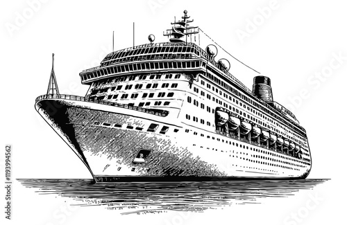 cruise ship engraving black and white outline