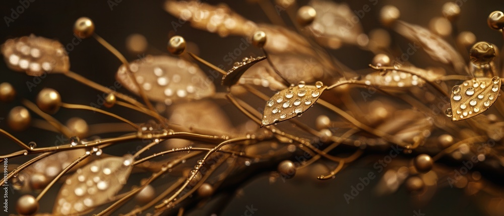 Fototapeta premium Hyperrealistic golden laurel wreath. Morning dew glistens on each leaf. Botanical detail exquisite. Natural lighting enhances the gold.