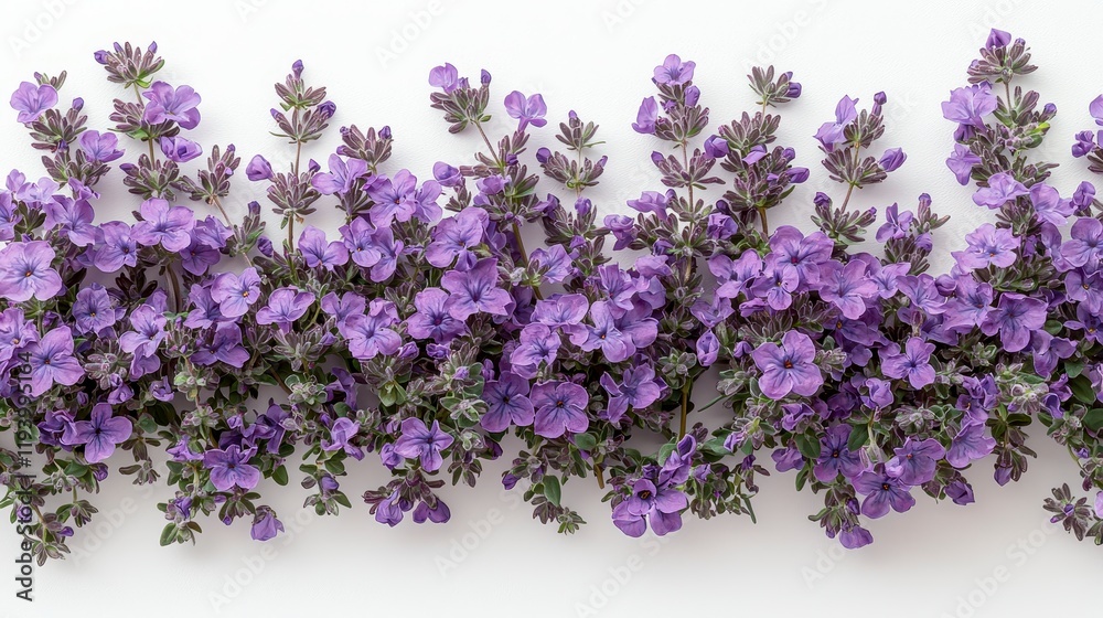 Purple flowers arranged in a horizontal line on white background. Purple flowers arranged in a horizontal line on white background.