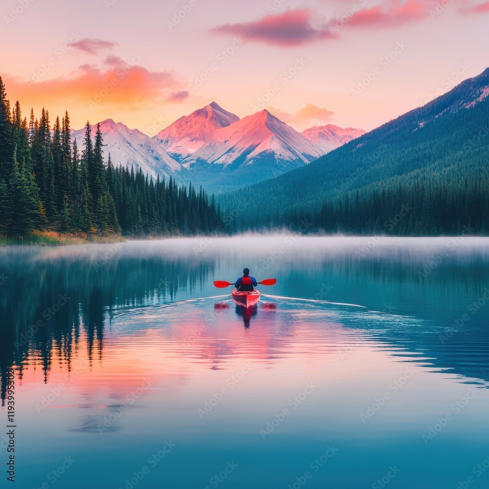 Serene Kayaker on Calm Lake Surrounded by Majestic Mountains at Sunset Serene Kayaker on Calm Lake Surrounded by Majestic Mountains at Sunset
