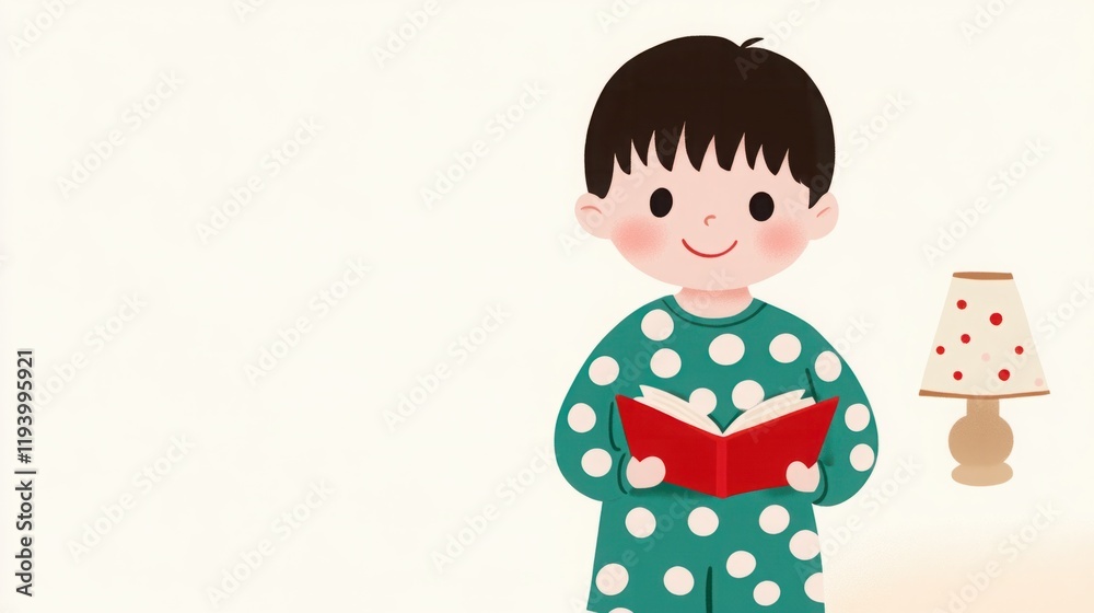 Adorable Child in Polka Dot Pajamas Reading a Book in a Cozy Room with Soft Lighting and a Cute Table Lamp Adorable Child in Polka Dot Pajamas Reading a Book in a Cozy Room with Soft Lighting and a Cute Table Lamp
