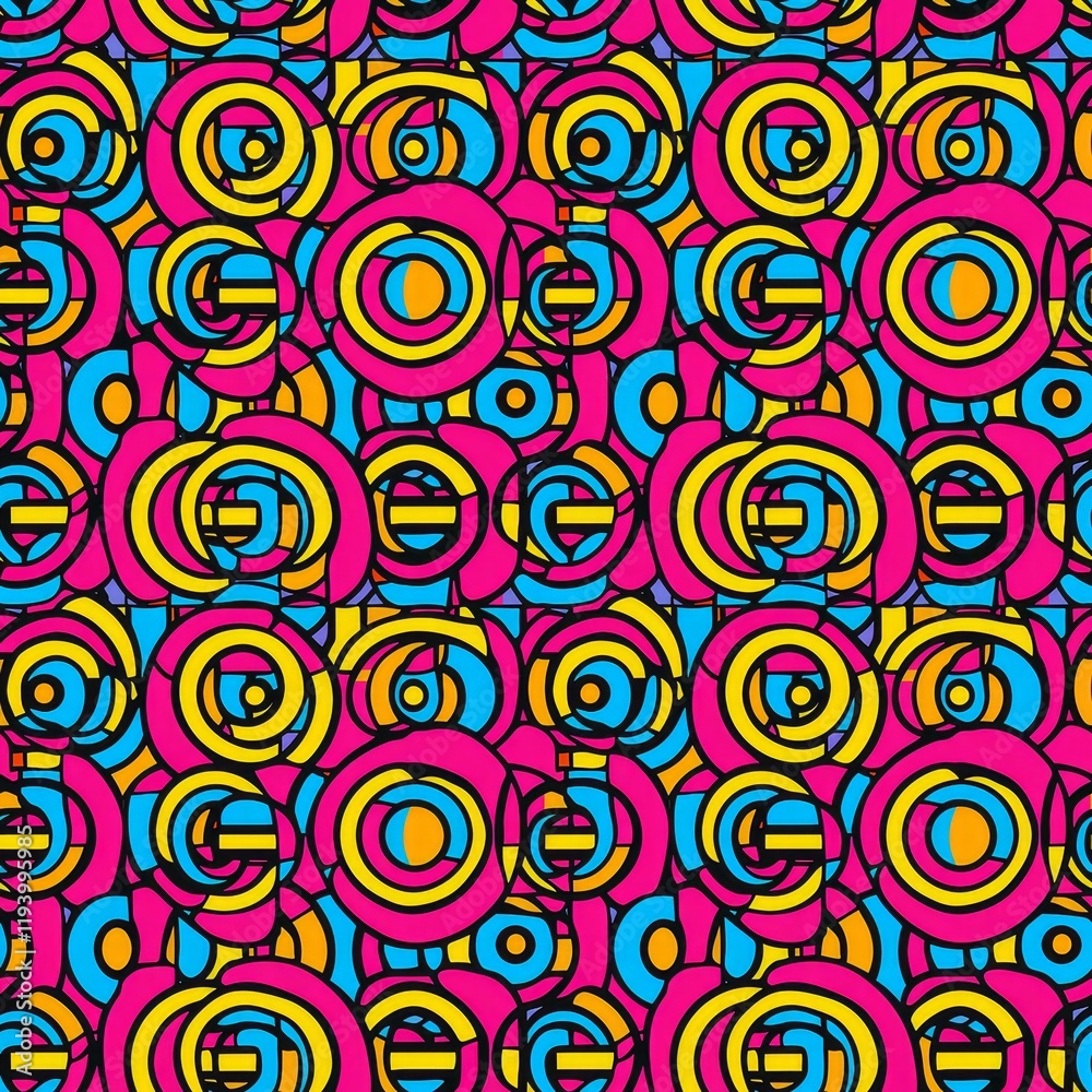 Vibrant Retro Seamless Pattern Featuring Overlapping Circles in Bold Colors of Pink, Blue, Yellow, and Black for Modern Design Vibrant Retro Seamless Pattern Featuring Overlapping Circles in Bold Colors of Pink, Blue, Yellow, and Black for Modern Design