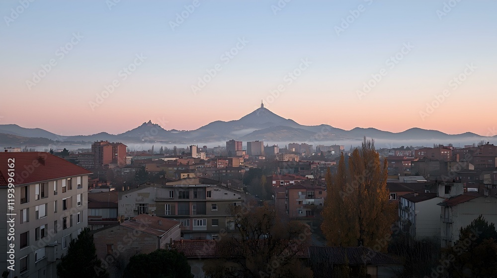 Obraz premium Serene sunrise over a town nestled in the mountains. Misty valley adds to the calmness.