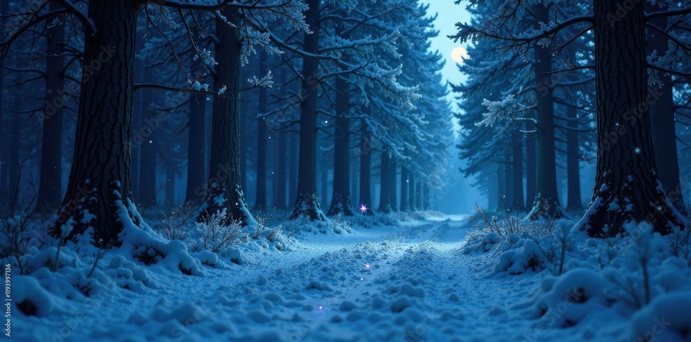 Naklejka premium A single star shining on a dark and icy forest floor, peaceful, ice