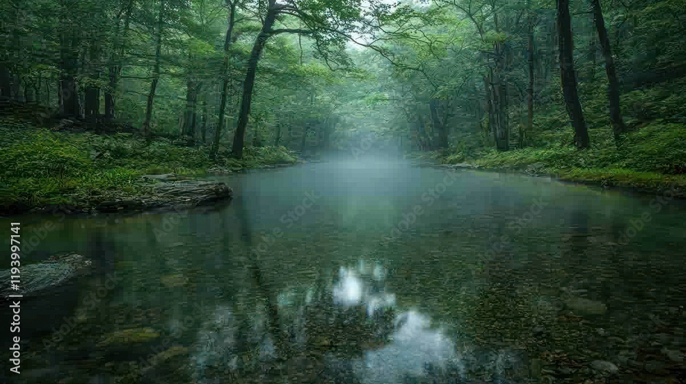 Fototapeta premium Misty river flows through dark green forest.