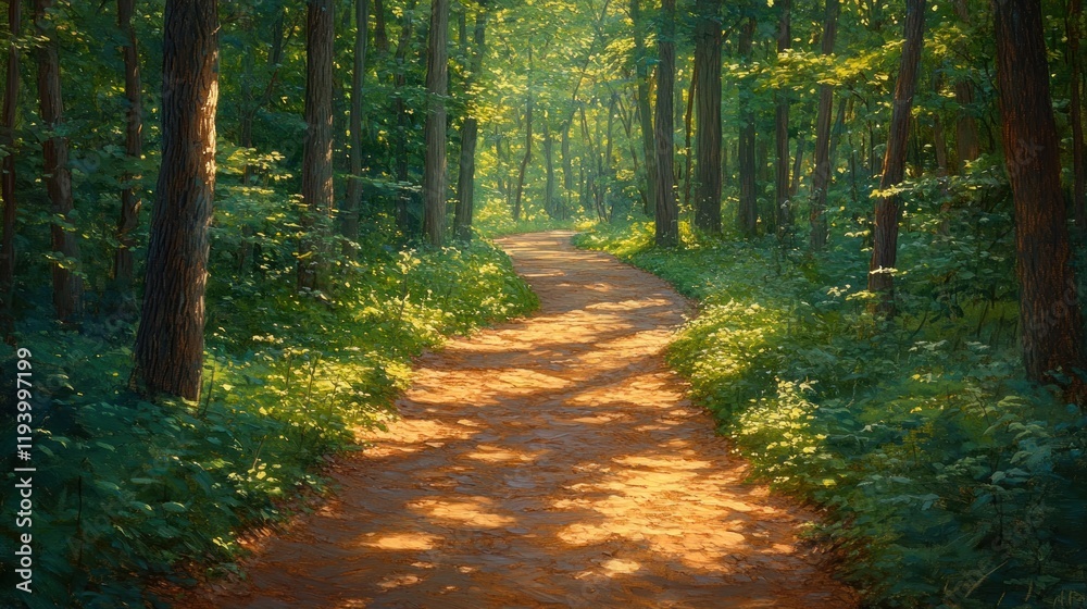 Fototapeta premium Sunlit forest path, winding trail, trees, green foliage, summer nature scene, ideal for travel brochures
