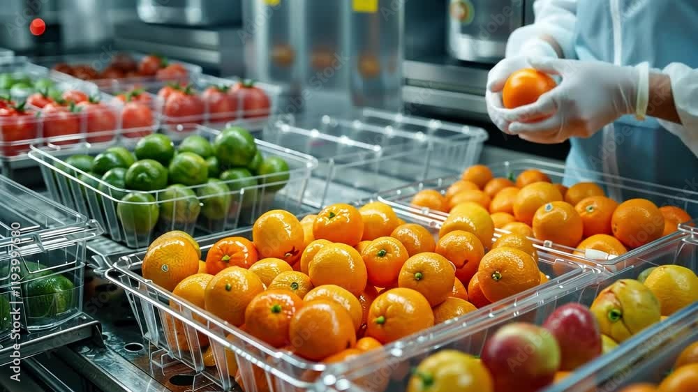 Fresh Produce Inspection: A gloved hand carefully selects ripe oranges from a conveyor belt in a modern food processing facility. Fresh Produce Inspection: A gloved hand carefully selects ripe oranges from a conveyor belt in a modern food processing facility.