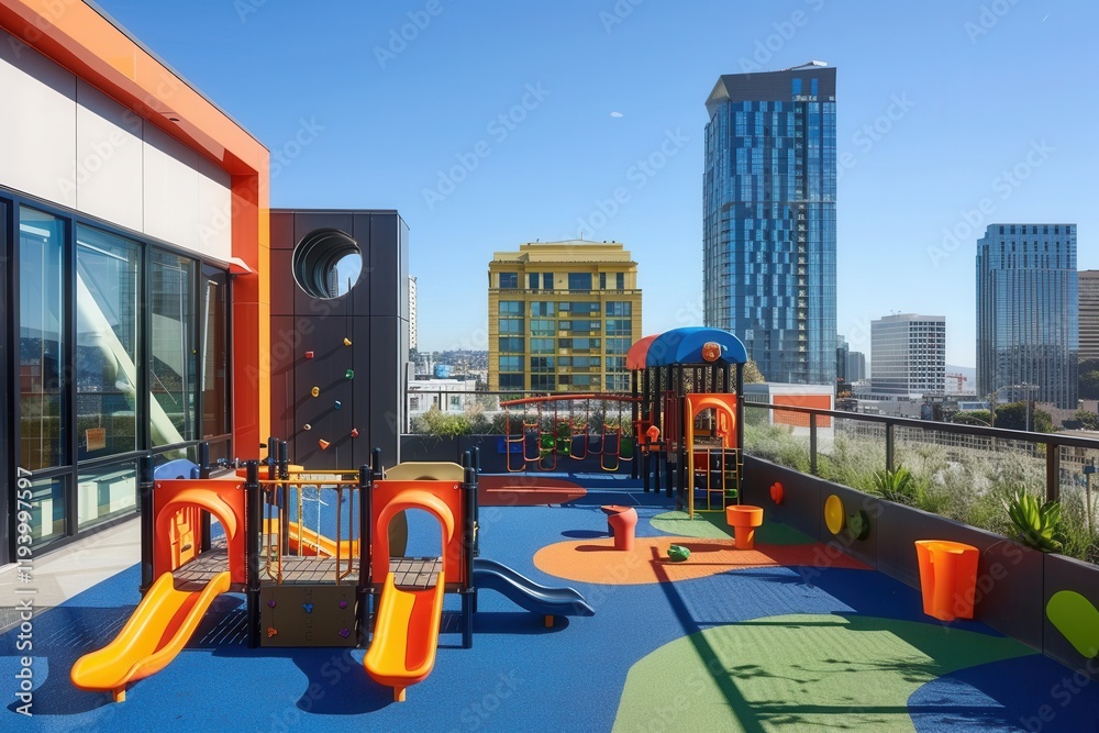 Modern rooftop playground boasts vibrant play equipment safety barriers and stunning city views. Contemporary design quality shines in this urban oasis. Modern rooftop playground boasts vibrant play equipment safety barriers and stunning city views. Contemporary design quality shines in this urban oasis.