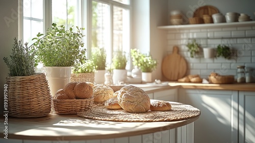 Wallpaper Mural Sunlit kitchen with freshly baked bread and herbs Torontodigital.ca
