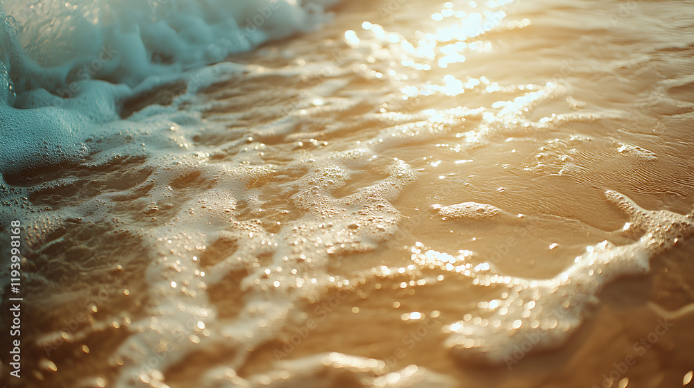 Obraz premium close-up of the surface of water, with sunlight shining on it. Sand ripples, a beach, waves, and windblown sand create a captivating scene. Seafoam bubbles add to the beauty