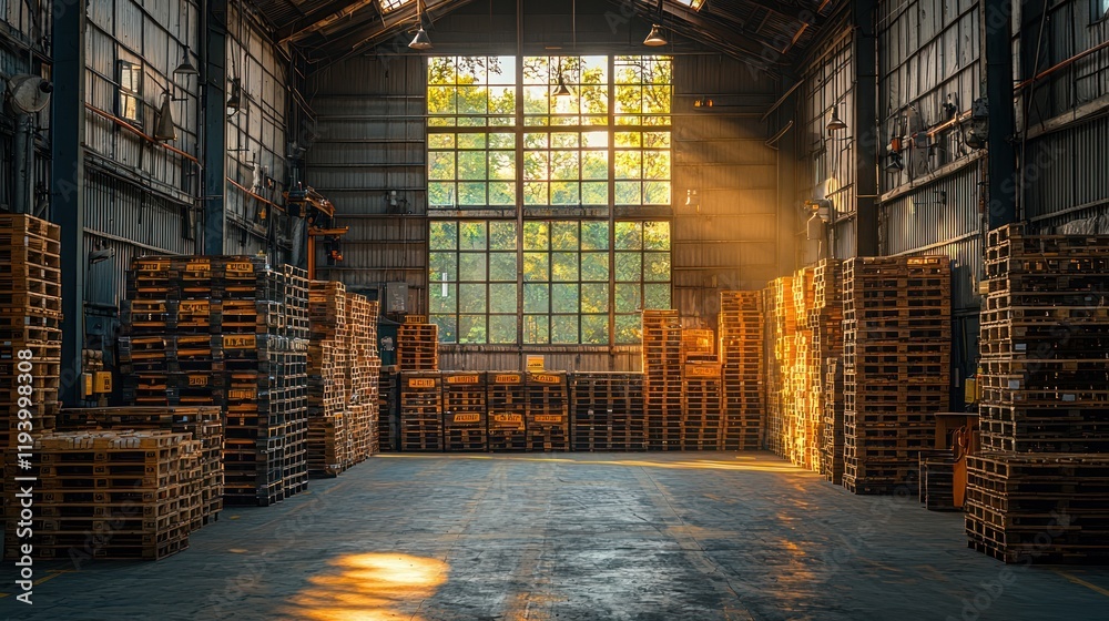 Warehouse filled with wooden pallets and sunlight. Warehouse filled with wooden pallets and sunlight.
