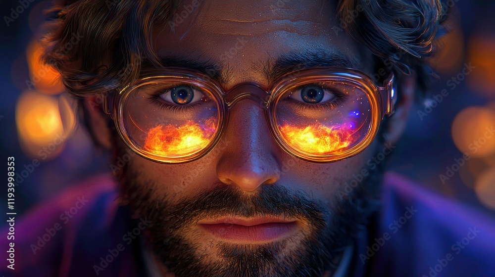 Man with beard and glasses reflecting fire. Man with beard and glasses reflecting fire.