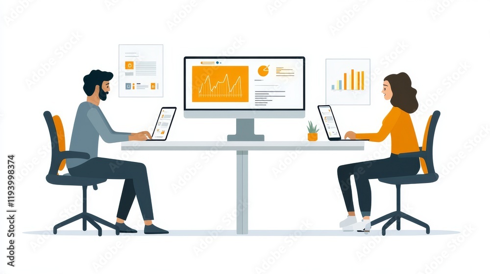 Office Workers Engaged with Tablets and Smartphones at Desk Setup Office Workers Engaged with Tablets and Smartphones at Desk Setup